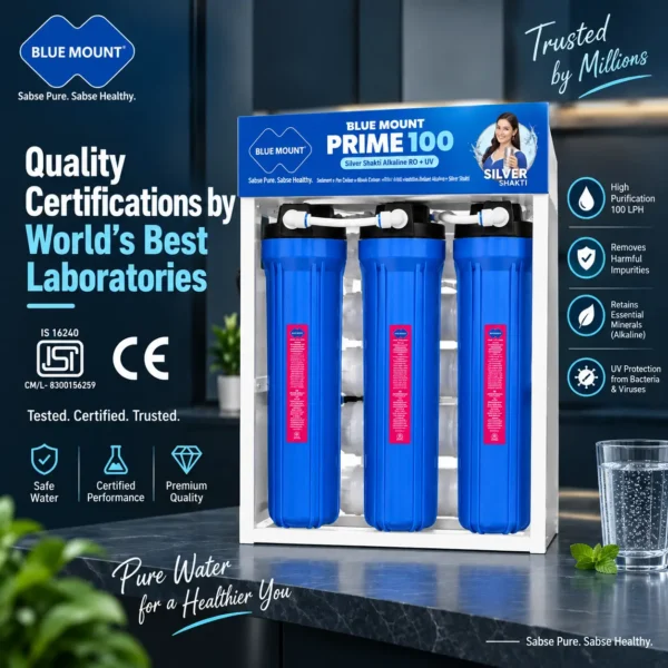 Blue Mount Prime 100 LPH Commercial RO Plant Silver Shakti Alkaline RO UV