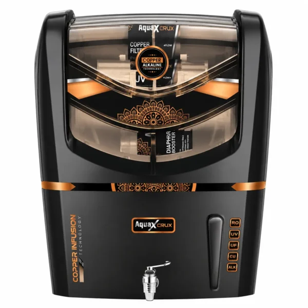 AquaX Crux black RO water purifier cabinet with copper design